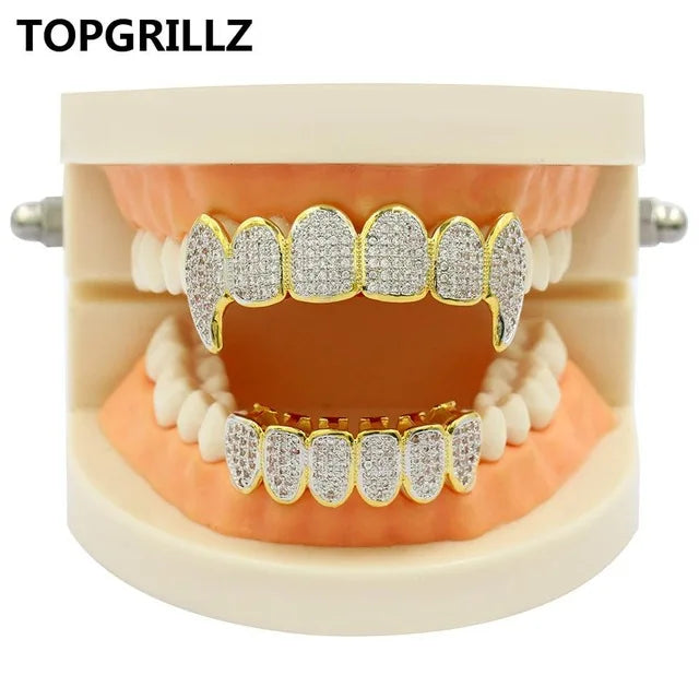 TOPGRILLZ New Fit Silver Plated CZ Micro Pave Top & Bottom GRILL SET Rhodium Teeth Grills Vampire Tooth Grillz
