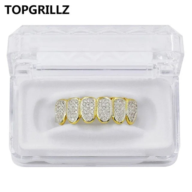 TOPGRILLZ New Fit Silver Plated CZ Micro Pave Top & Bottom GRILL SET Rhodium Teeth Grills Vampire Tooth Grillz