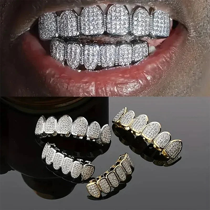 Hip Hop Iced Out Teeth Grillz Caps Cubic Zircon Micro Pave Top & Bottom Charm Grills Set For Men Women Jewelry Box Pack Gift