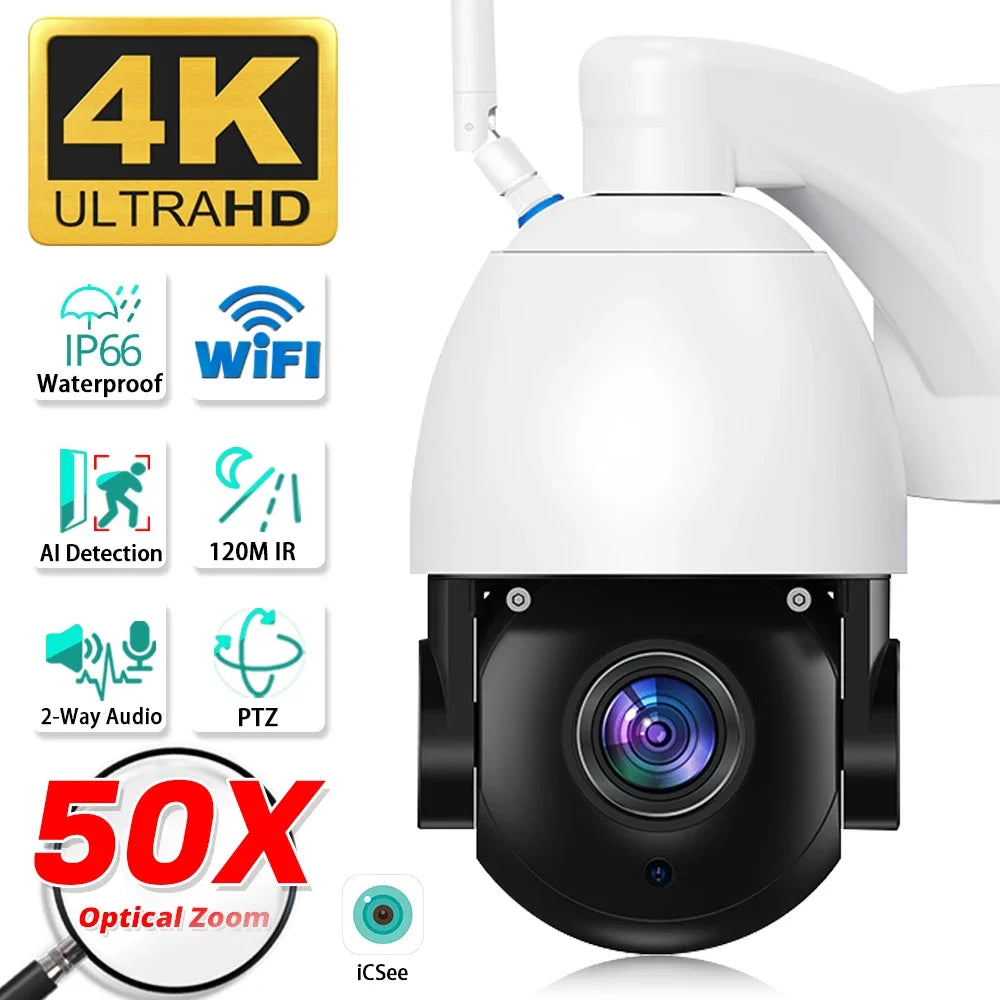 Smart 4K 8MP WiFi Security IP Camera Outdoor Wirelss Video Camera 50x Optical Zoom Surveillance Network Wireless CCTV PTZ iCSee