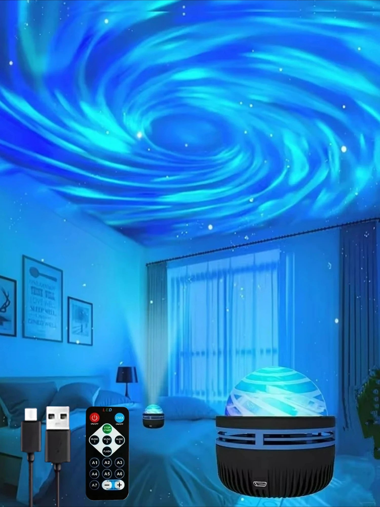LED Starry Sky Light RGB Galaxy Projector Atmosphere Projection Lamp Christmas Halloween Remote Control 7 Color Home Auto Rotate