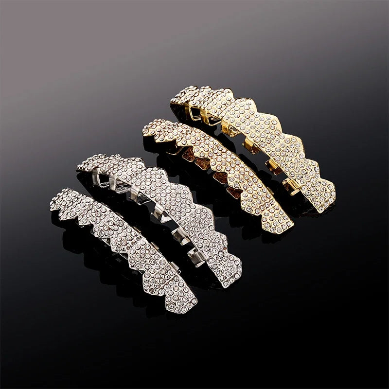 Hip Hop Iced Out Teeth Grillz Caps Cubic Zircon Micro Pave Top & Bottom Charm Grills Set For Men Women Jewelry Box Pack Gift