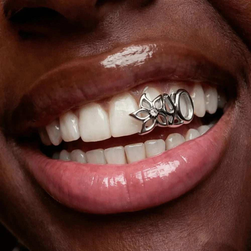 Glossy Finish Double Hollow Flower Grillz Silver Gold Teeth Grillz Vintage Copper Irregular Shape Tooth Grills Events