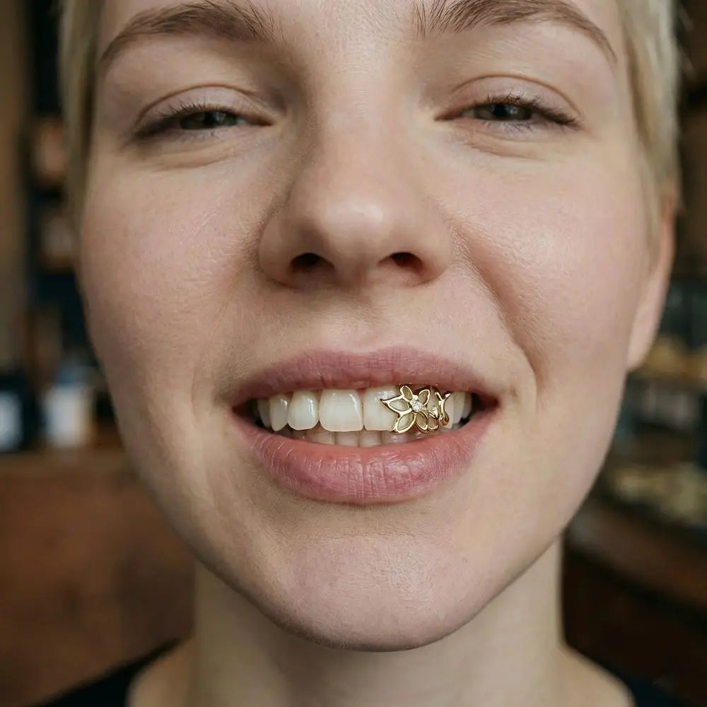 Glossy Finish Double Hollow Flower Grillz Silver Gold Teeth Grillz Vintage Copper Irregular Shape Tooth Grills Events